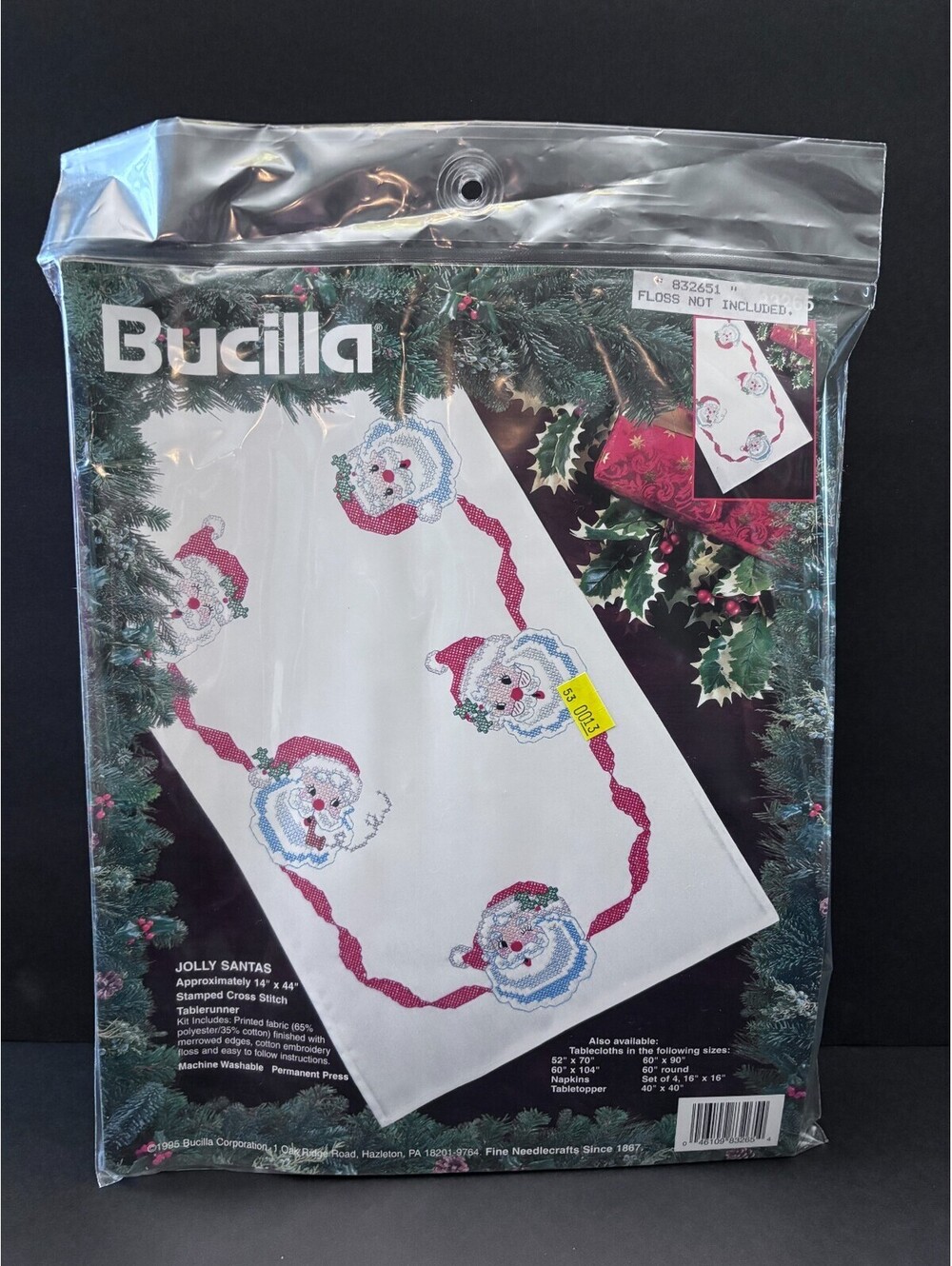 1995 Bucilla Jolly Santas Stamped Cross Stitch Table Runner Kit 83265 WITH FLOSS